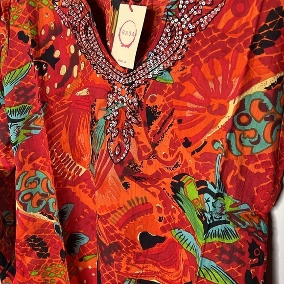 RAGA Colorful Boho Cotton Long Sleeve V-neck Tunic w/Sequins Size Large NWT! - Picture 3 of 7